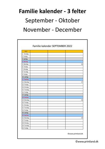 2022 Familie kalender felter